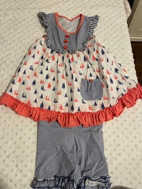 Girls' Coral & Navy Sailboat Two-Piece Set